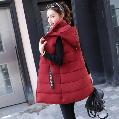 Autumn Winter Mid-length Women's Vest Coat Casual Zipper Sleeveless Warm Jacket Solid Color Hooded Ladies Vest Parkas for women