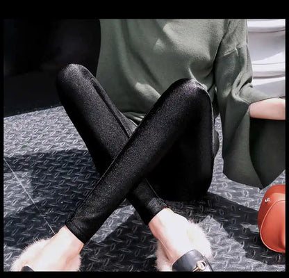 Automne hiver épais Leggings mode solide mince pantalon dame polaire chaud Leggings décontracté noir brillant taille haute Leggings