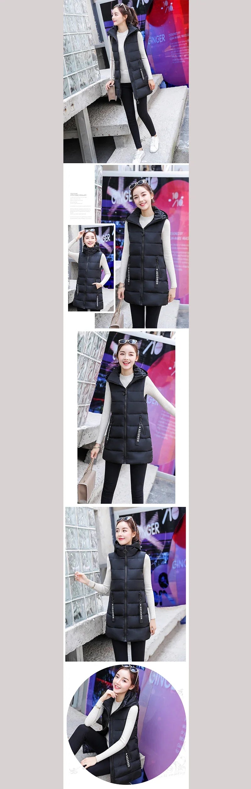 Autumn Winter Mid-length Women's Vest Coat Casual Zipper Sleeveless Warm Jacket Solid Color Hooded Ladies Vest Parkas for women