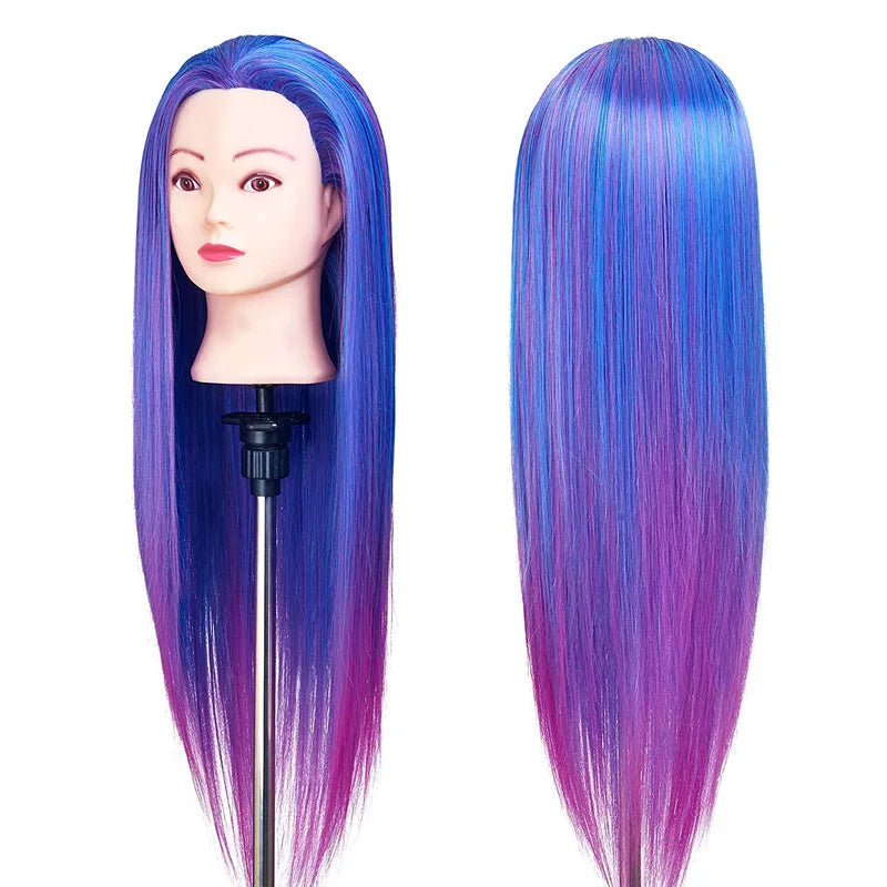Tête de mannequin à cheveux longs synthétiques avec support de trépied de perruque réglable Modèle avec tête de mannequin Formation de coiffeur coiffant