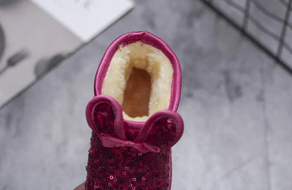 Girls Snow Boots Kids Ankle Boots Autumn Winter Fashion Princess Cute Rabbit Ear with Glitter Sequins Warm Thick Plush Cotton