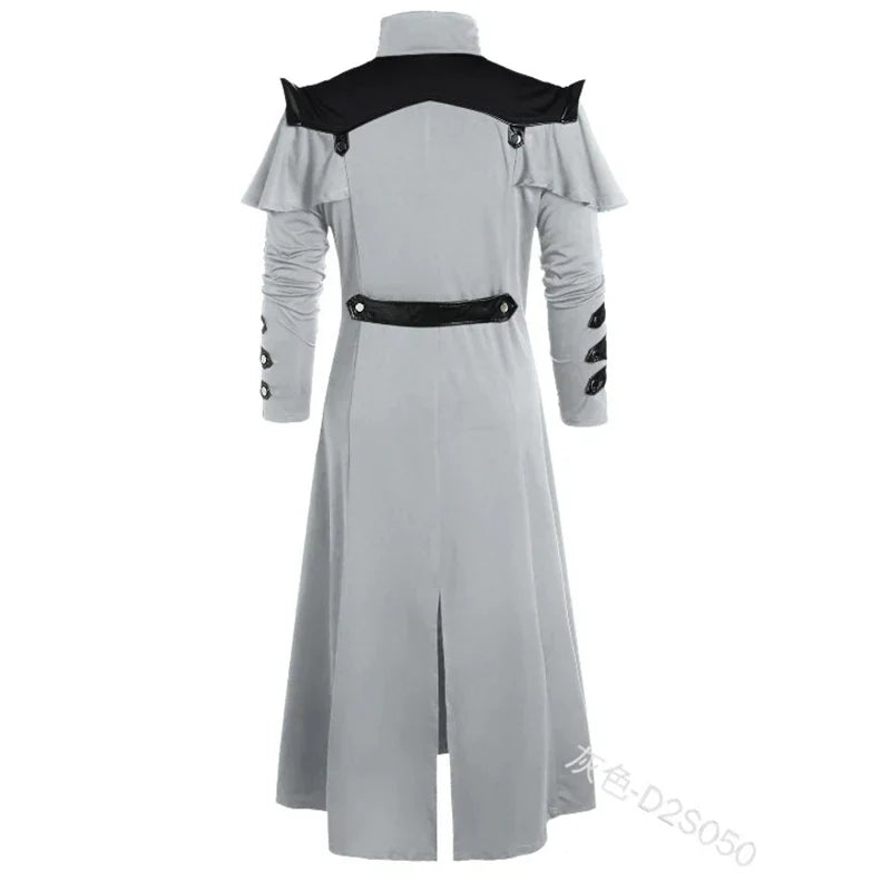 Vintage Halloween Médiéval Steampunk Assassin Elfes Pirate Costume Adulte Hommes Noir Longue Veste Fendue Manteaux en Cuir Armure Gothique