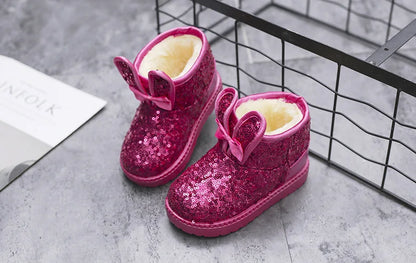 Girls Snow Boots Kids Ankle Boots Autumn Winter Fashion Princess Cute Rabbit Ear with Glitter Sequins Warm Thick Plush Cotton