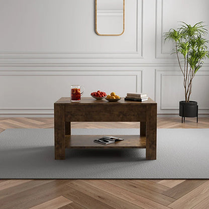 Table TV et Table basse relevable avec rangement, Table centrale relevable en bois rustique pour salon