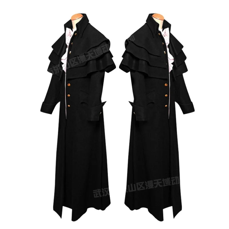 Halloween Medieval Steampunk Assassin Elves Pirate Costume For Adult Black Vintage Long Split Jacket Gothic Armor Leather Coats