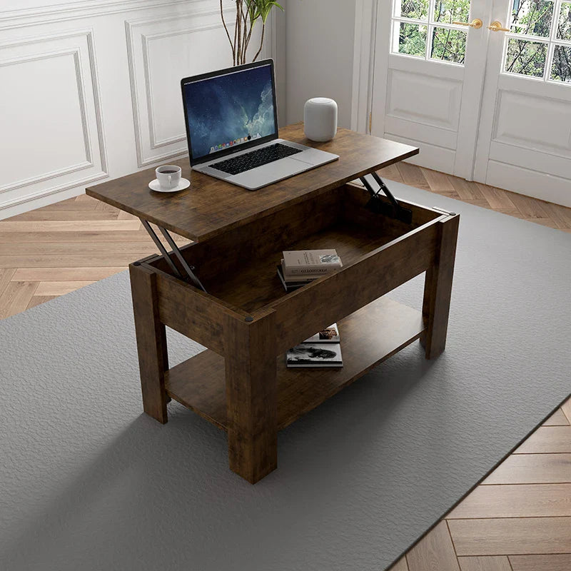 Table TV et Table basse relevable avec rangement, Table centrale relevable en bois rustique pour salon