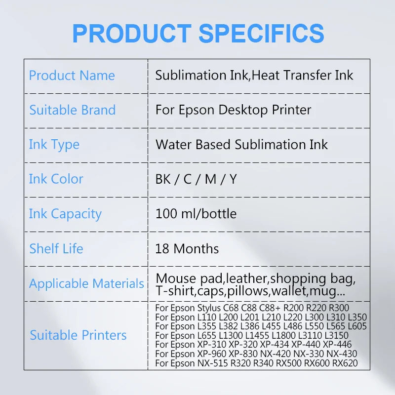 Sublimation Ink 100ML 4Colors/Set For Epson All Printer ET-2720 ET-2760 ET-2750 ET-15000 ET-4700 ET-3760 WF-7710 WF-7720 WF-7210