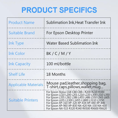 Sublimation Ink 100ML 4Colors/Set For Epson All Printer ET-2720 ET-2760 ET-2750 ET-15000 ET-4700 ET-3760 WF-7710 WF-7720 WF-7210