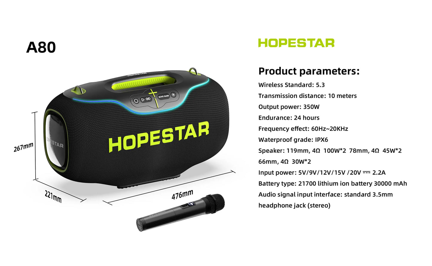 Hopestar speaker A80 alto gravador de áudio portátil de alta qualidade 350W RGB subwoofer home theater USB party computer DC