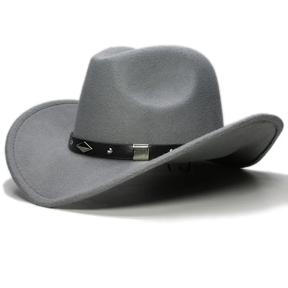 Bande de cuir à géométrie rétro Parent-enfant unisexe/enfant feutre à large bord Cowboy chapeau occidental Cowgirl Bowler Cap (61 cm/57 cm/54 cm)