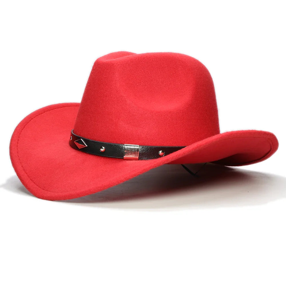 Bande de cuir à géométrie rétro Parent-enfant unisexe/enfant feutre à large bord Cowboy chapeau occidental Cowgirl Bowler Cap (61 cm/57 cm/54 cm)