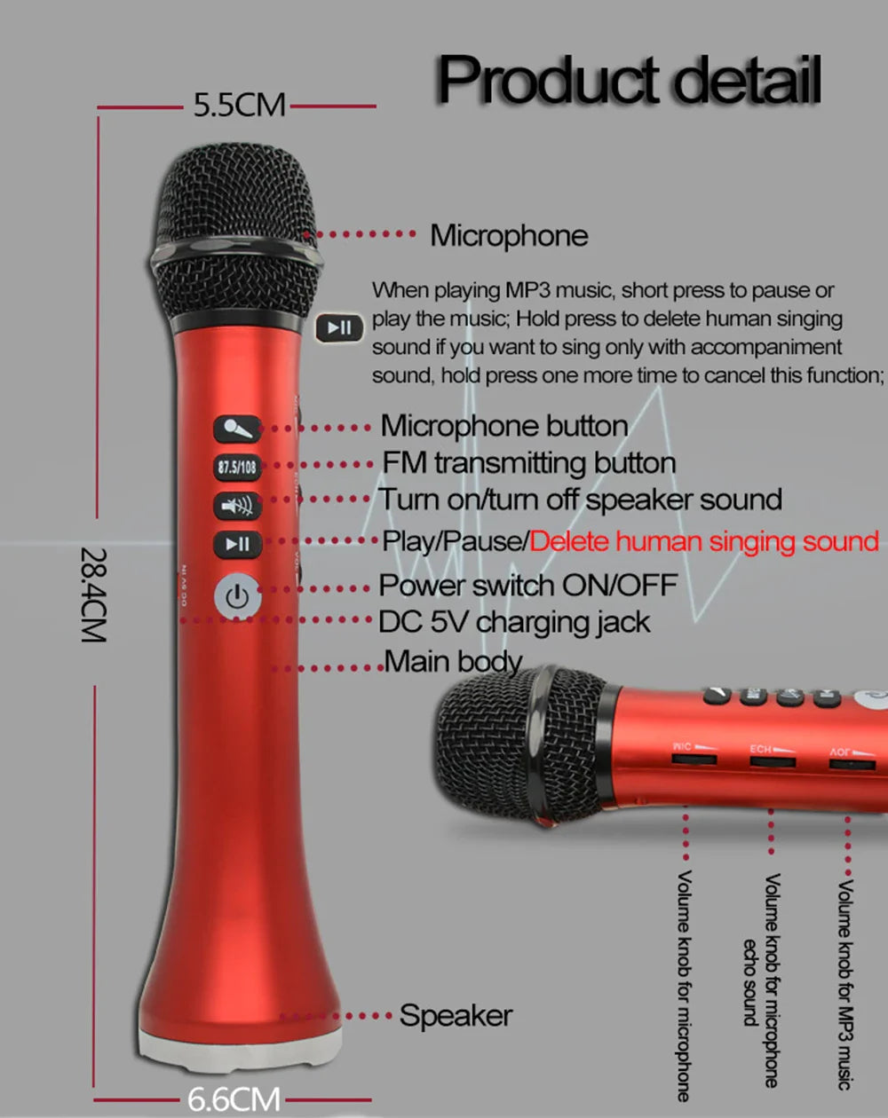 XIAOKOA L-698 15W Sans Fil Karaoké Microphone Bluetooth Haut-Parleur 4000mah 2 en 1 Déterminer Chanter et Statique KTV Lecteur pour iOS/Android