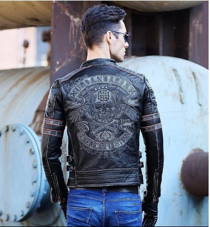 CC Shop.Brand skull cowhide coat.8XL Plus black slim genuine leather jacket,Rider leather cloth.Chaqueta de cuero esqueleto