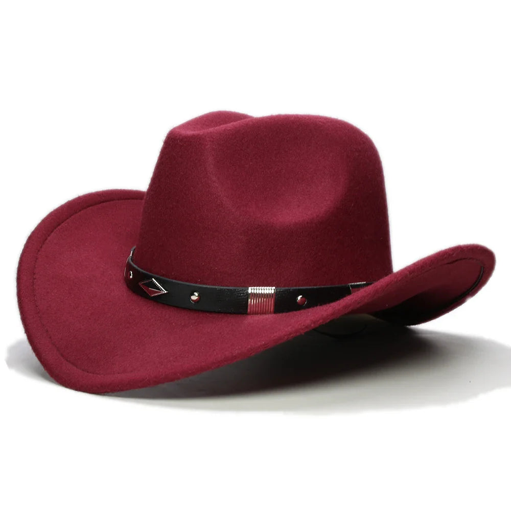 Bande de cuir à géométrie rétro Parent-enfant unisexe/enfant feutre à large bord Cowboy chapeau occidental Cowgirl Bowler Cap (61 cm/57 cm/54 cm)