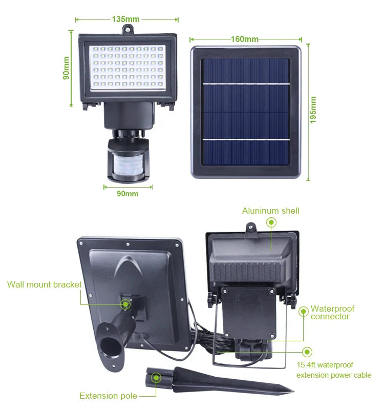 IP65 60 LED Lampe de jardin solaire Capteur de mouvement Lumière d'inondation de sécurité 80 Lumières solaires Batterie Corps en plastique Paysage Solaire