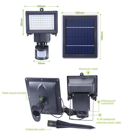 IP65 60 LED Lampe de jardin solaire Capteur de mouvement Lumière d'inondation de sécurité 80 Lumières solaires Batterie Corps en plastique Paysage Solaire