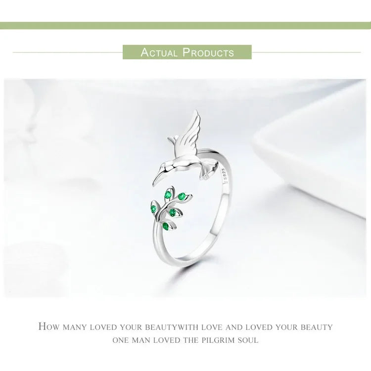 Bague ouverte arbre et oiseau vert en argent sterling 925