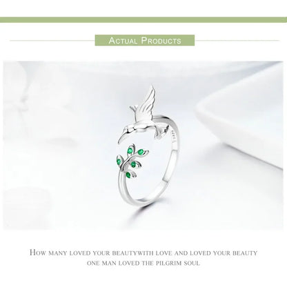 Bague ouverte arbre et oiseau vert en argent sterling 925