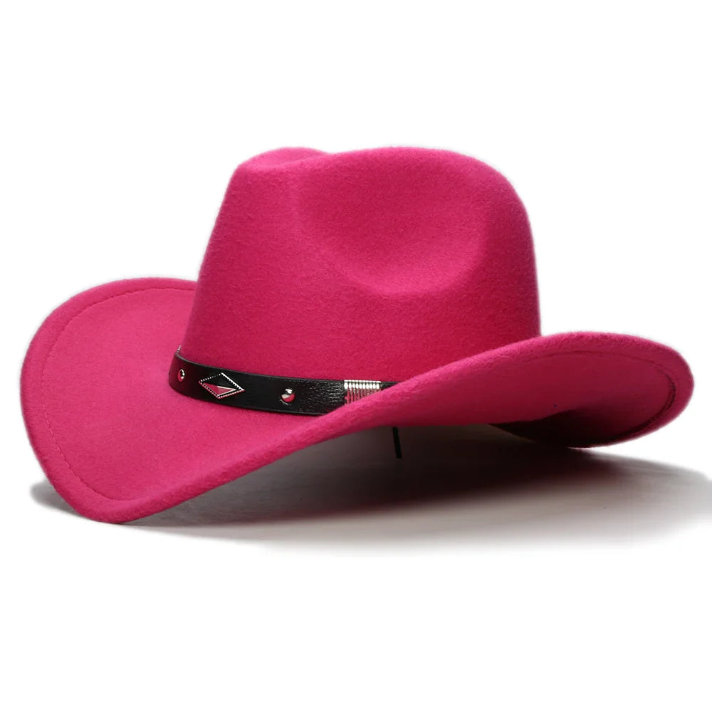Bande de cuir à géométrie rétro Parent-enfant unisexe/enfant feutre à large bord Cowboy chapeau occidental Cowgirl Bowler Cap (61 cm/57 cm/54 cm)