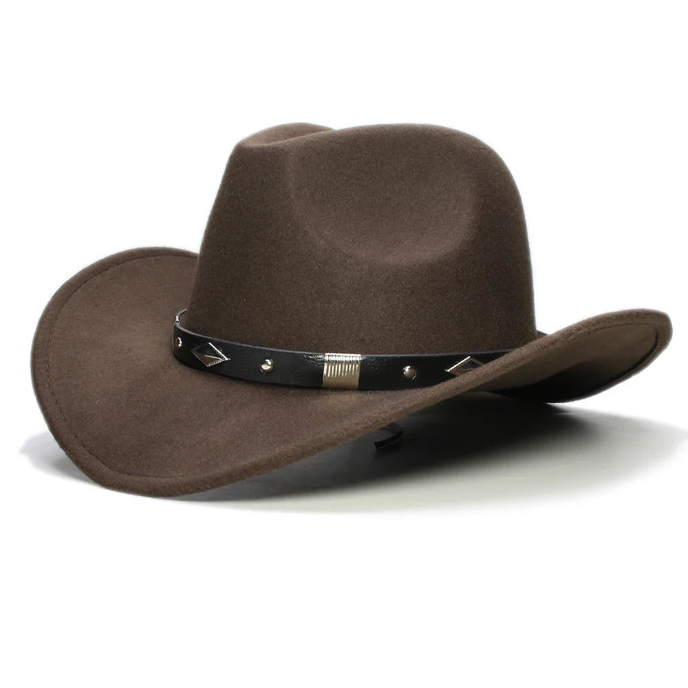 Bande de cuir à géométrie rétro Parent-enfant unisexe/enfant feutre à large bord Cowboy chapeau occidental Cowgirl Bowler Cap (61 cm/57 cm/54 cm)