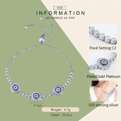 Genuine 925 Sterling Silver Evil Eye Tennis Bracelet w/ Blue CZ | Adjustable