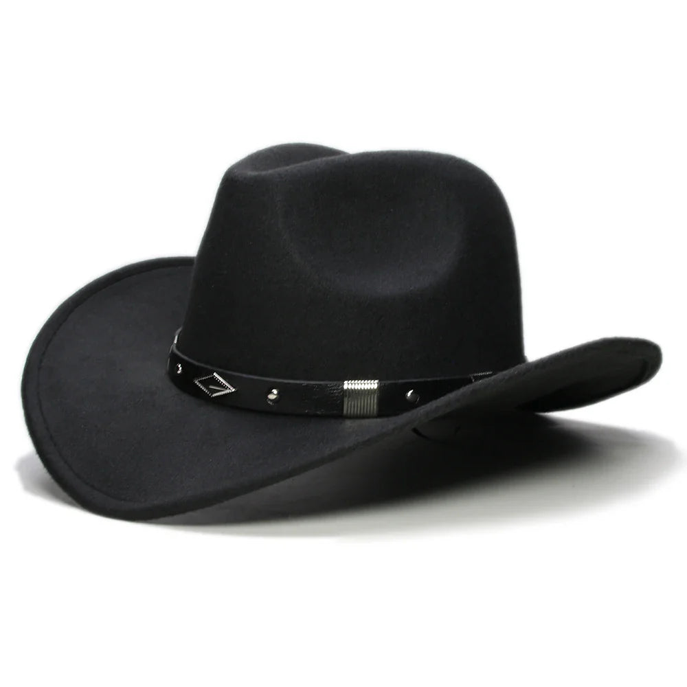 Bande de cuir à géométrie rétro Parent-enfant unisexe/enfant feutre à large bord Cowboy chapeau occidental Cowgirl Bowler Cap (61 cm/57 cm/54 cm)