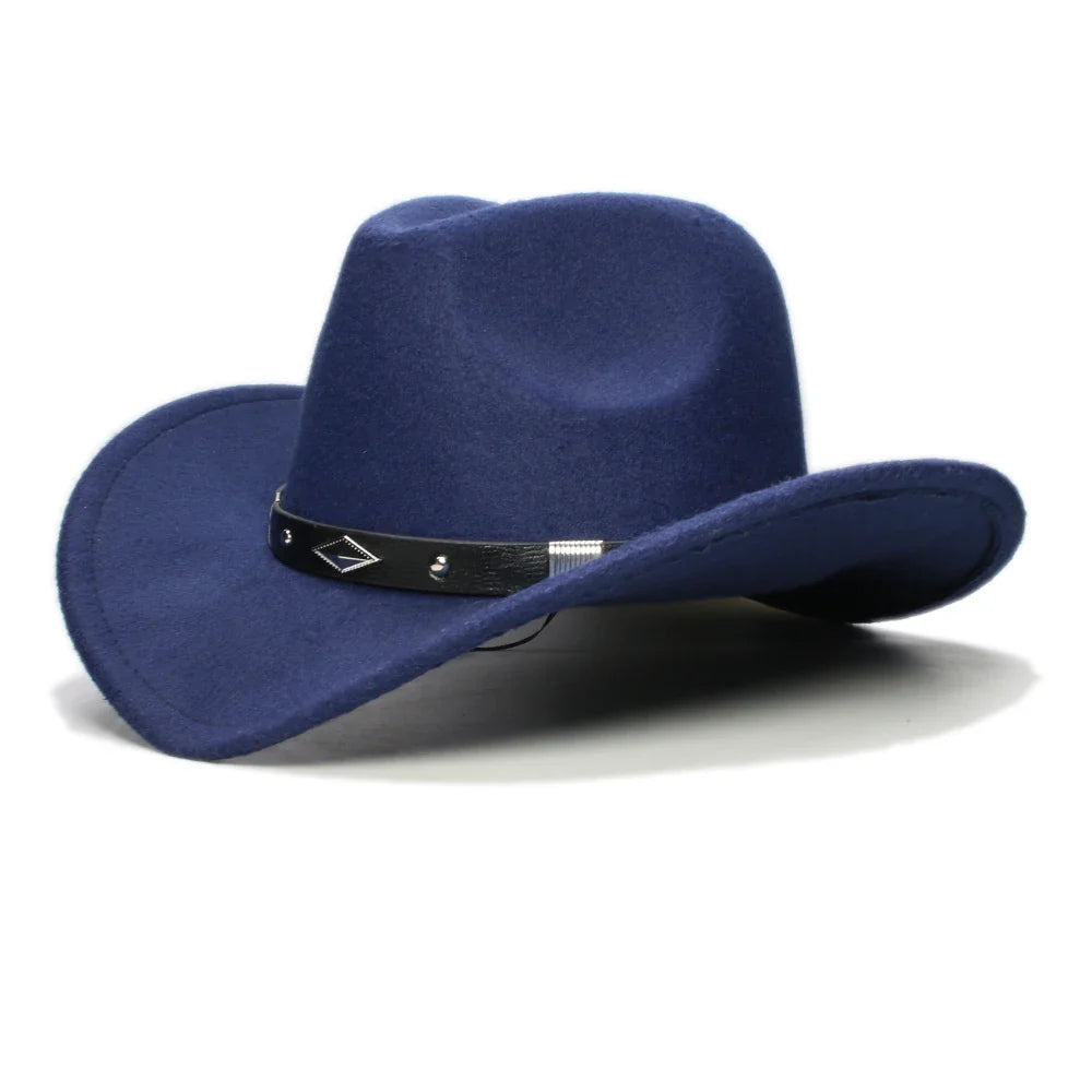 Bande de cuir à géométrie rétro Parent-enfant unisexe/enfant feutre à large bord Cowboy chapeau occidental Cowgirl Bowler Cap (61 cm/57 cm/54 cm)