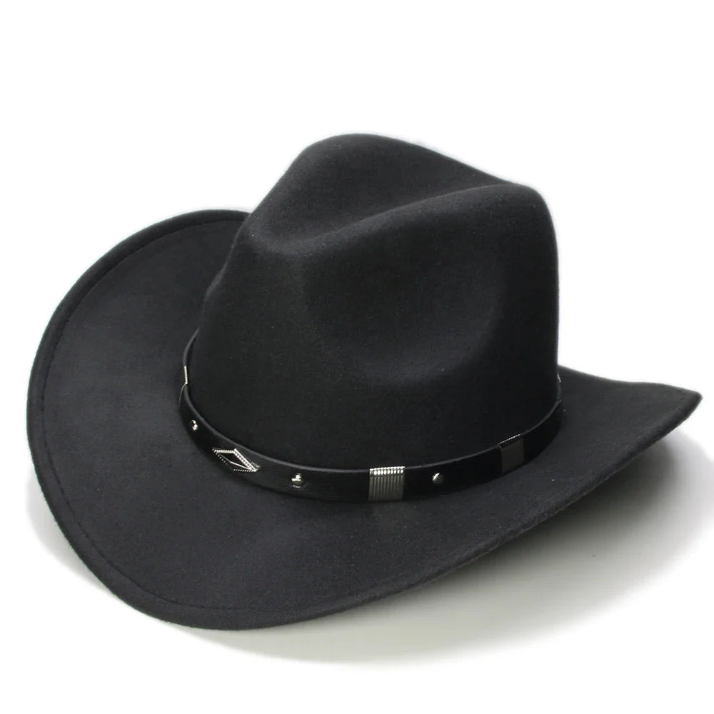 Bande de cuir à géométrie rétro Parent-enfant unisexe/enfant feutre à large bord Cowboy chapeau occidental Cowgirl Bowler Cap (61 cm/57 cm/54 cm)