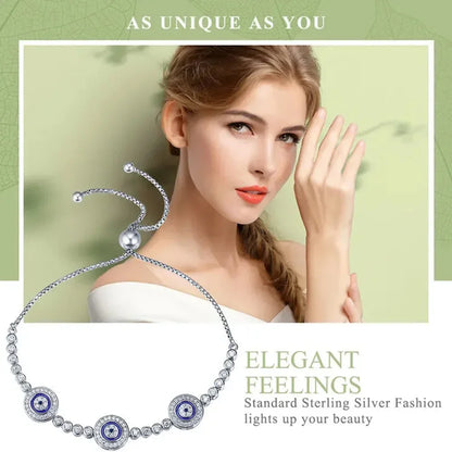 Genuine 925 Sterling Silver Evil Eye Tennis Bracelet w/ Blue CZ | Adjustable