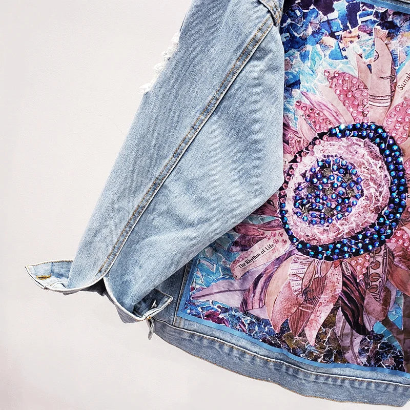 Women Denim Jacket feminine Spring Autumn Boho Sequin Floral Appliques Embroidery Coat Long Sleeve Outerwear Female Veste femme