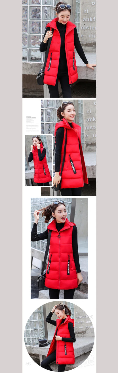 Autumn Winter Mid-length Women's Vest Coat Casual Zipper Sleeveless Warm Jacket Solid Color Hooded Ladies Vest Parkas for women