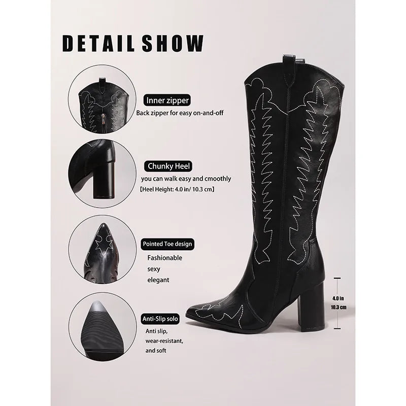 Vintage Western Cowboy Boots Cross-Border Embroidered Knee-High Boots Height Increasing Heel Options Solid Pattern Winter