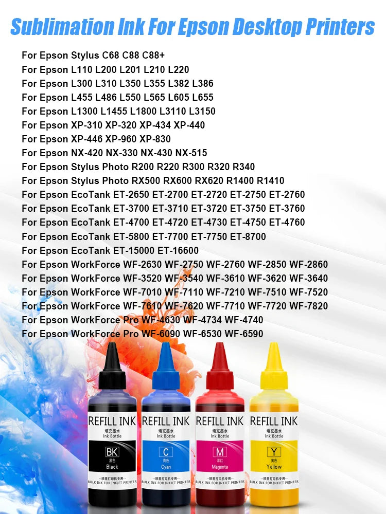 Sublimation Ink 100ML 4Colors/Set For Epson All Printer ET-2720 ET-2760 ET-2750 ET-15000 ET-4700 ET-3760 WF-7710 WF-7720 WF-7210