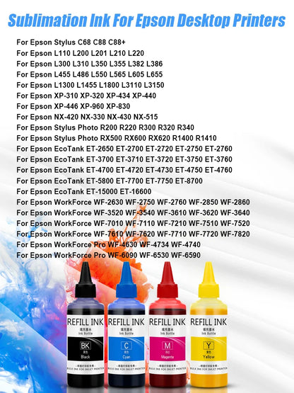 Sublimation Ink 100ML 4Colors/Set For Epson All Printer ET-2720 ET-2760 ET-2750 ET-15000 ET-4700 ET-3760 WF-7710 WF-7720 WF-7210