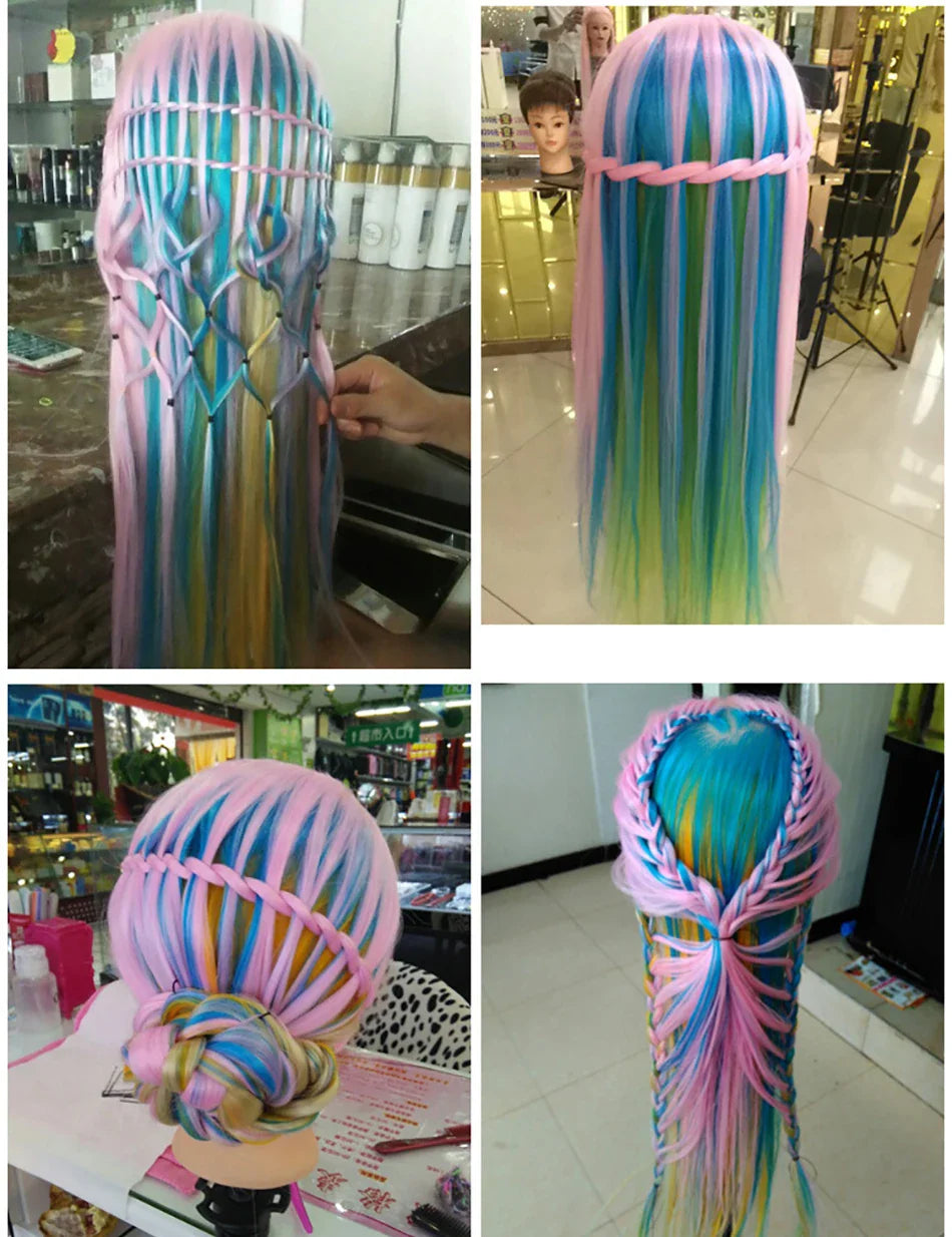 Tête de mannequin à cheveux longs synthétiques avec support de trépied de perruque réglable Modèle avec tête de mannequin Formation de coiffeur coiffant