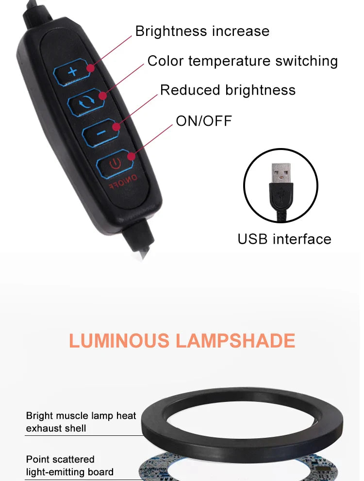 Anneau lumineux LED circulaire avec support pour téléphone, éclairage de studio, lampe pour caméra photo et vidéo YouTube, prise de vue Vlog et selfie