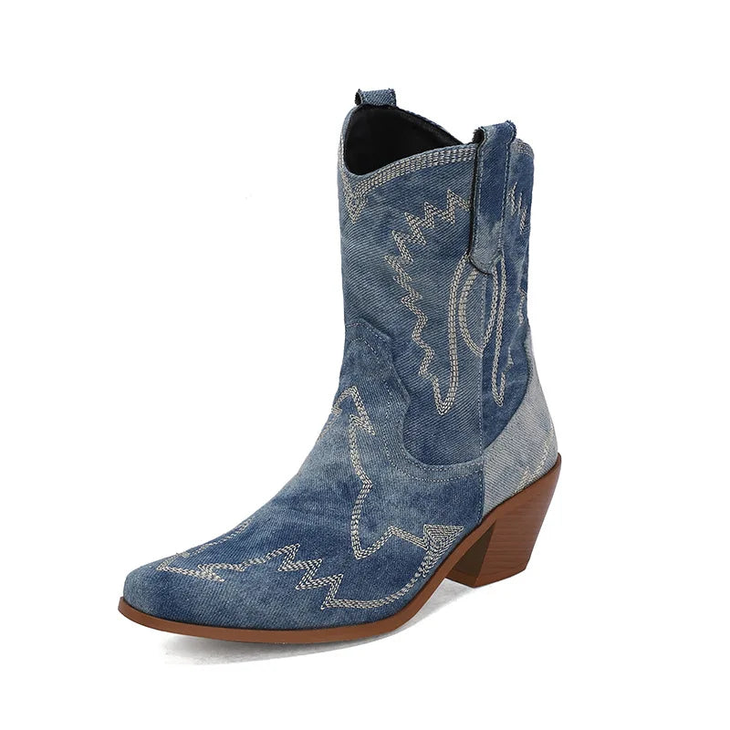 BUSY GIRL XY4777 Ladies Winter Boots Short Fur Warm 6cm Block Heels Custom Embroidery Western Boots Women Cowboy Boots