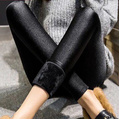 Automne hiver épais Leggings mode solide mince pantalon dame polaire chaud Leggings décontracté noir brillant taille haute Leggings