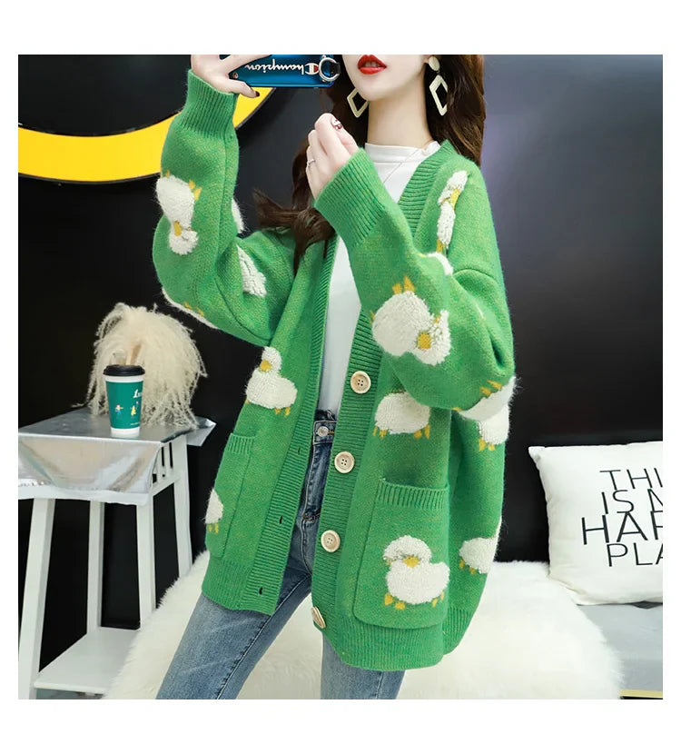Women Winter Knit Sweater Coat V Neck Sheep Cardigans Christmas Sweaters Warm Knitted Sueter Mujer Loose Long Sleeve Jacket