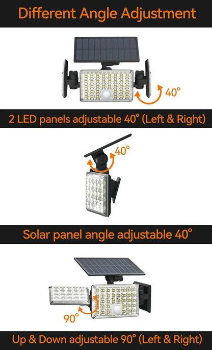 192 LED PIR Motion Sensor 3 Head Solar Outdoor Security Wall Light 270 Degree Wide Angle for Garden Garage Warehouse Pool-IP65