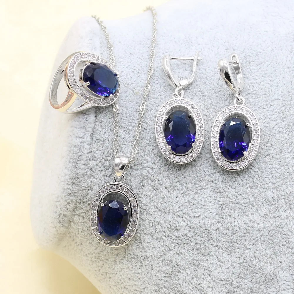 XUTAAYI 925 Silver jewelry Set For Women Blue Earrings Necklace Pendant Ring Bracelet Christmas Gift