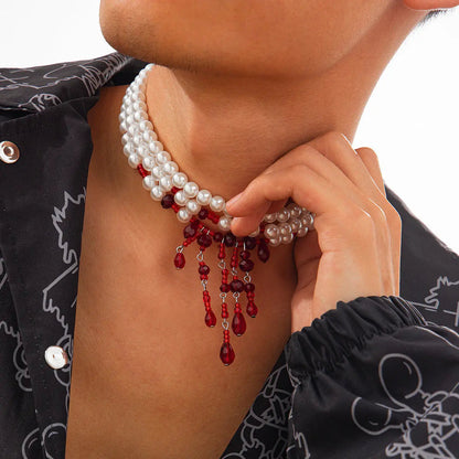 Collier perles de sang Halloween pampille cristal