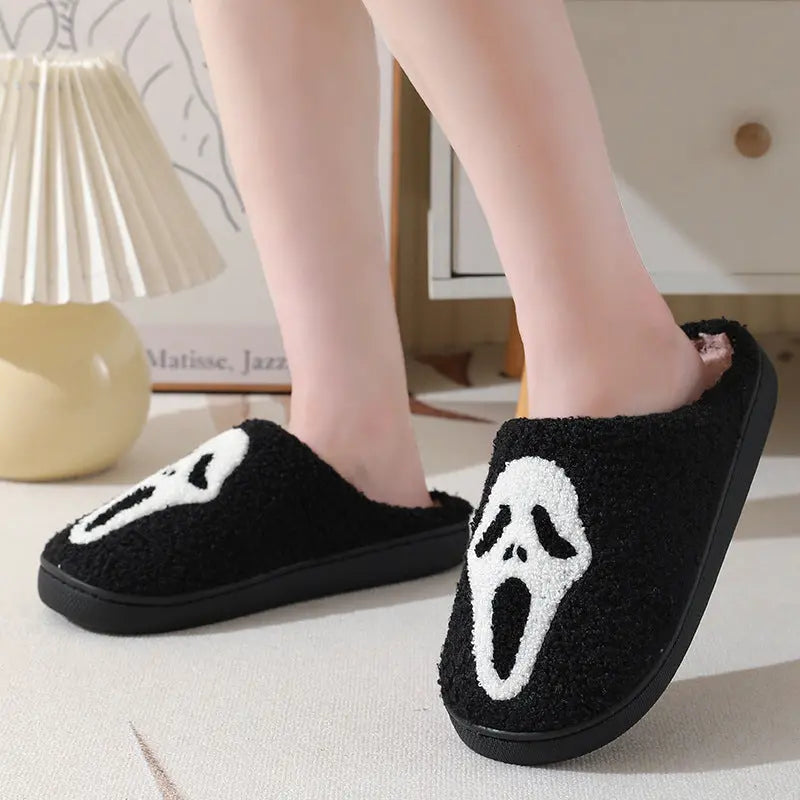 Pantoufles d'Halloween à motif tête de mort, pantoufles chaudes d'hiver pour hommes, femmes, couple, chaussures d'intérieur en coton