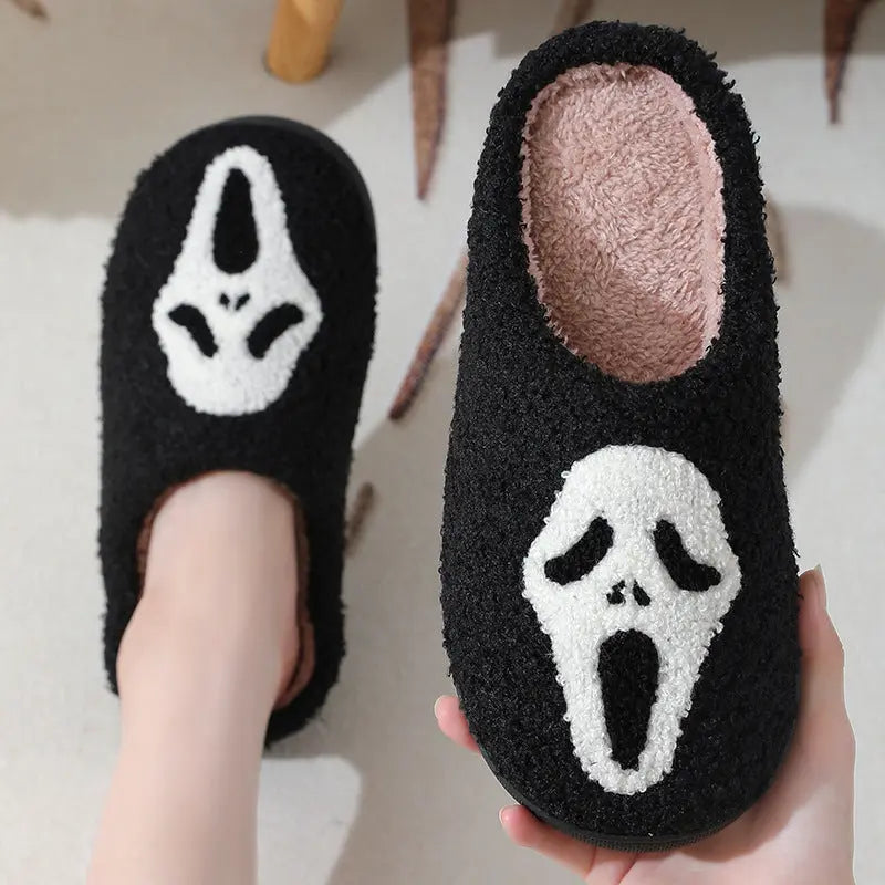 Pantoufles d'Halloween à motif tête de mort, pantoufles chaudes d'hiver pour hommes, femmes, couple, chaussures d'intérieur en coton