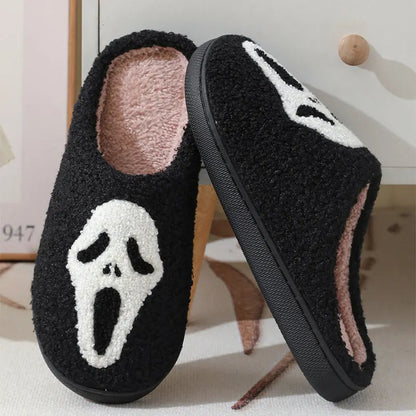 Pantoufles d'Halloween à motif tête de mort, pantoufles chaudes d'hiver pour hommes, femmes, couple, chaussures d'intérieur en coton