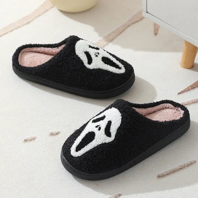 Pantoufles d'Halloween à motif tête de mort, pantoufles chaudes d'hiver pour hommes, femmes, couple, chaussures d'intérieur en coton