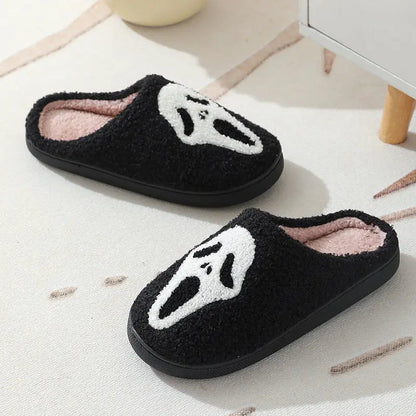 Pantoufles d'Halloween à motif tête de mort, pantoufles chaudes d'hiver pour hommes, femmes, couple, chaussures d'intérieur en coton