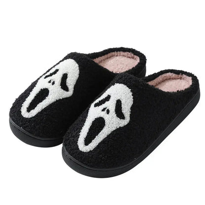 Pantoufles d'Halloween à motif tête de mort, pantoufles chaudes d'hiver pour hommes, femmes, couple, chaussures d'intérieur en coton