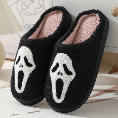 Pantoufles d'Halloween à motif tête de mort, pantoufles chaudes d'hiver pour hommes, femmes, couple, chaussures d'intérieur en coton