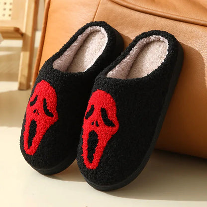 Pantoufles d'Halloween à motif tête de mort, pantoufles chaudes d'hiver pour hommes, femmes, couple, chaussures d'intérieur en coton